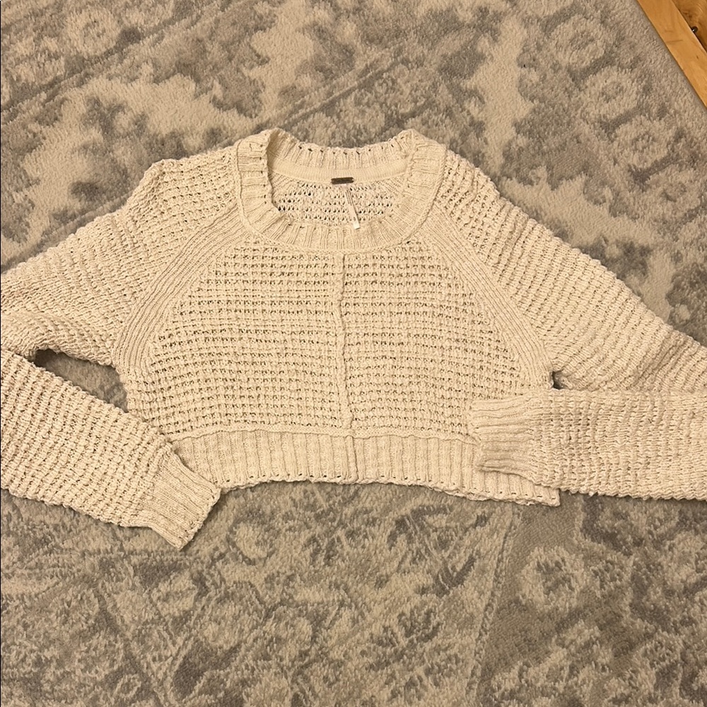Free People Cream Crew Neck Cropped Sweater